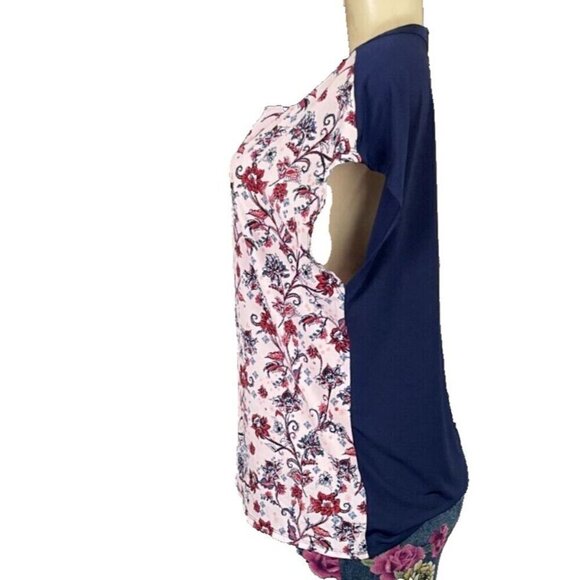 Marc New York L Pink Floral Split Neckline Navy Back Short Dolman Sleeve Blouse - Picture 4 of 6